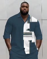 Big & Tall Men's Business Blue Geometric Print Long Sleeve Shirt Shorts Set